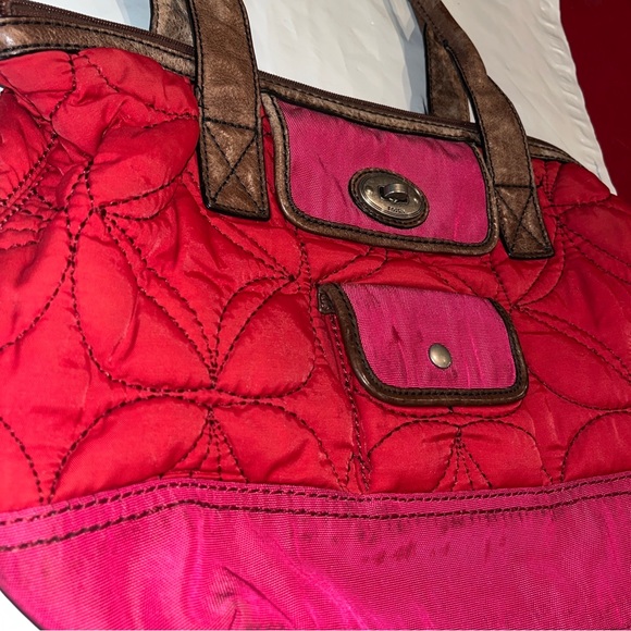 Fossil Key Per RED Handbag Purse Cranberry QUILTED Fabric Brown Leather TOTE 15” - Picture 7 of 14